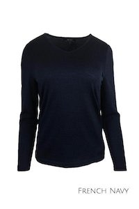 WOMENS 100% MERINO (210) LONG SLEEVE V NECK TOP FRENCH NAVY