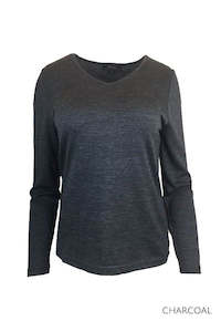 WOMENS 100% MERINO (210) LONG SLEEVE V NECK TOP CHARCOAL