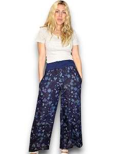 ELASTIC WAIST LINEN PANT LINEN WILD GARDEN NAVY