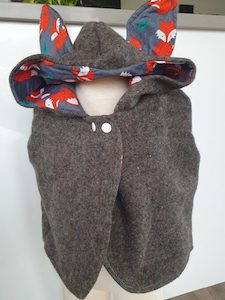 Fox and Grey Upcycle Wool Blanket Vest with Fox Ears- Size 1