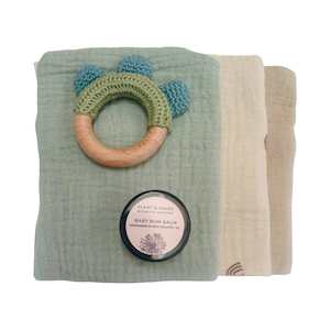 Gift Box : 3 Pk Cloths & Sage Crochet Teether