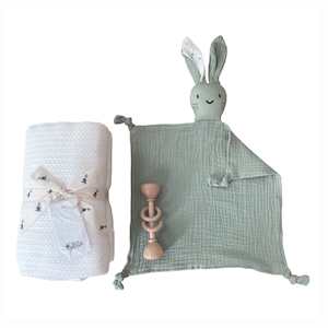 Gift Box : Natural Cot Blanket & Sage Bunny Comforter