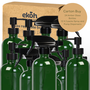 Green Glass Bottles Bulk Buy Carton: 12 Sets 24 Green Glass Soap Dispenser & Spr…