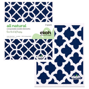 Swedish Dishcloths for Kitchen 2 Pack Eco Cloths Navy Geometric Print