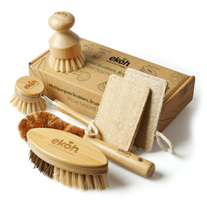 Bamboo Brush & Loofah Kitchen Set-Scrubbers Bottle & Dish Brushes 6 Pk.