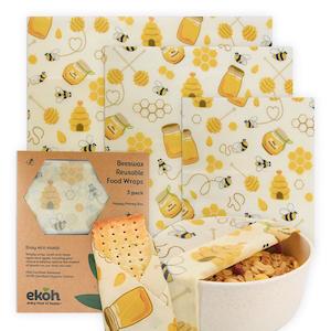 Beeswax Food Wraps Set of 3 Happy Honey Bee Prints Reusable Bees Wax Bowl Covers