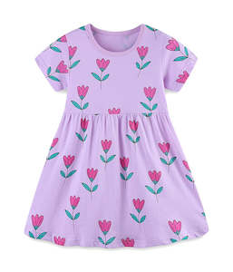 Girl's Cotton Short-sleeved Purple Flowers Dress