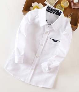 Tops: Boy's Cotton Long-sleeve Shirt - White