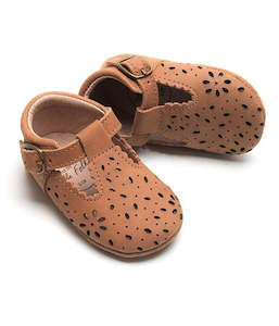 Footwear: Leather Soft Sole Lace T-Bar Shoes - Tan