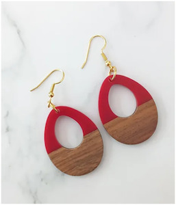 Wood Resin Stainless Steel Dangle Helli Earrings - Burnt Red