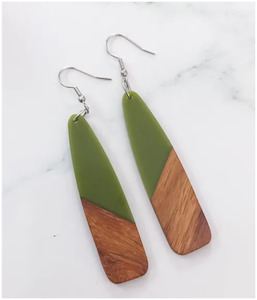 Wood Resin Stainless Steel Dangle Jay Earrings - Moss