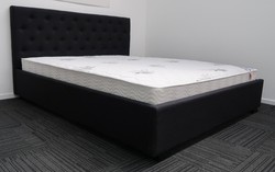 Bed: Double black upholstered bed &. Pocket spring mattress