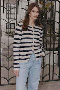 Cashmere Striped Waffle Longline Jacket - Navy/Cream