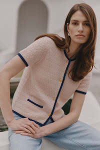 Cashmere Short Sleeve Waffle Jacket - Pink/Blue