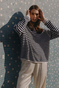 Clothing: Cashmere Featherweight Oversize Stripe Crew - Navy/Cream