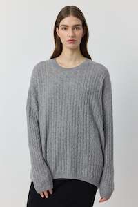 Relaxed Cashmere Cable Crew - Dark Grey Melange