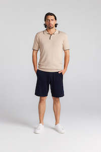 Mens Cotton Cashmere Polo - Beige/Navy