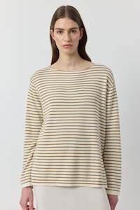 Clothing: Breton Long Sleeve Tee - White/Camel