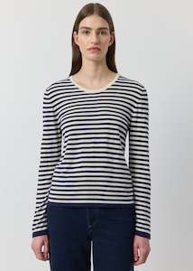 Clothing: Silk Cashmere Long Sleeve Stripe Tee - Navy/White