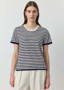 Silk Cashmere Short Sleeve Stripe Tee - Navy/White