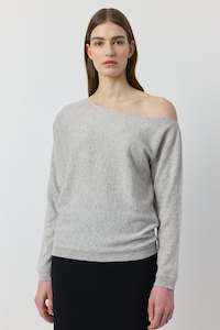 Clothing: Cashmere Off Shoulder Sweater - Grey Melange