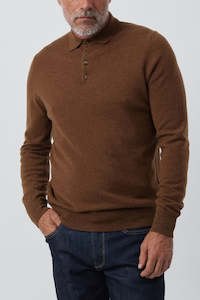 Clothing: Mens Cashmere Long Sleeve Polo - Tan