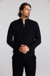 Mens Essential Cashmere 1/4 Zip Sweater - Black/Navy