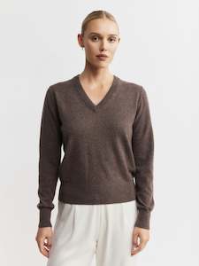 Clothing: Essential Cashmere Rib V Sweater - Brown Melange