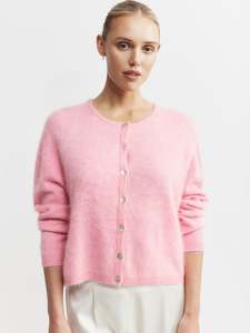 Brushed Cashmere Crew Cardigan - Pink Marle