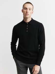 Clothing: Mens Cashmere Long Sleeve Polo - Black