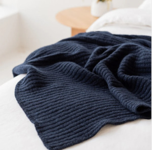 Navy Ribbed Wool Throw Blanket Small