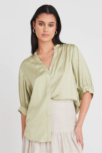 Ivy + Jack Deity Sage Satin Button Through Puff Sleeve Blouse - Sage