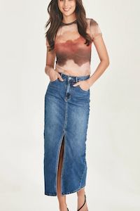 Junk Food Hazel Long Denim Skirt - BLUE