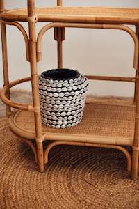 Black Rattan Pot Covered in Cowrie Shells