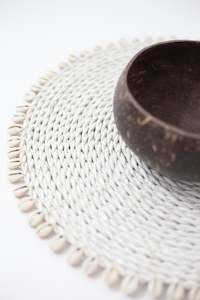 Rattan Plain White Placemats with Cowrie Shells