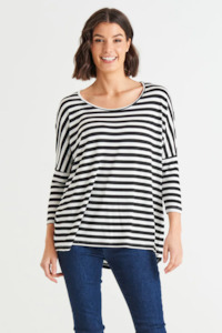 Betty Basics Milan 3/4 Sleeve Top - BLACK/WHITE Stripe