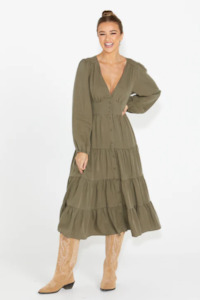 Sass Charity Tiered Midi Dress - KHAKI