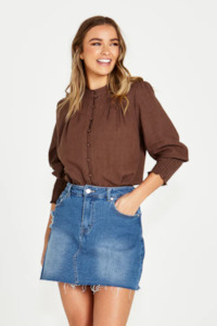 Sass Roxy Shirred Cuff Blouse - Chocolate