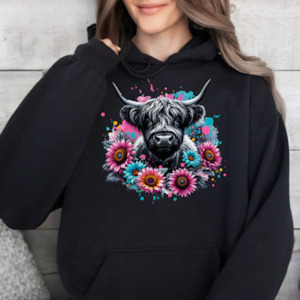 Splatter Highland Cow Sunflower Hoodie