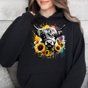 Womenswear: Highland Cow with splatter -Graphic Hoodie