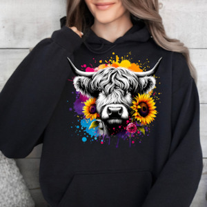 Womenswear: Highland Cow with two sunflowers-Graphic Hoodie