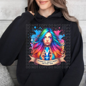 Womenswear: Energy Green  Blue V Drink -  Road Rage Graphic Hoodie