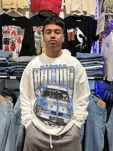 Clothing: NASCAR Blue Neon Racing Crewneck White Sweatshirt