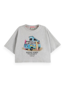 Clothing: Maison Scotch - Cropped Graphic Tee - Grey Melange