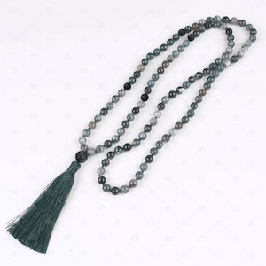 Ruth : Green Moss Agate & Natural Lava Gemstone Tassel Diffuser Necklace