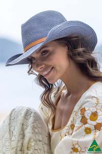 Headwear: Tina M Copenhagen Kathleen Raffia Wide Brim Fedora - Denim