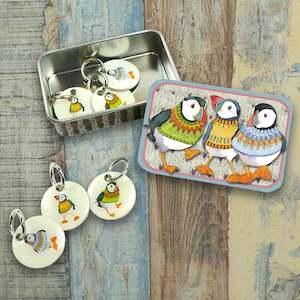 Woolly Puffins stitch markers in a pocket tin