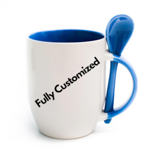 Laser engraving: Fully Customized Mug with Spoon - White and Blue Colour