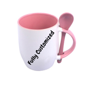 Fully Customized Mug with Spoon - White and Pink Colour