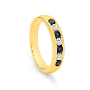 Jewellery: 9k Yellow Gold channel set 4x sapphire 3x diamond ring / band TDW 0.21ct GH SI2-P1